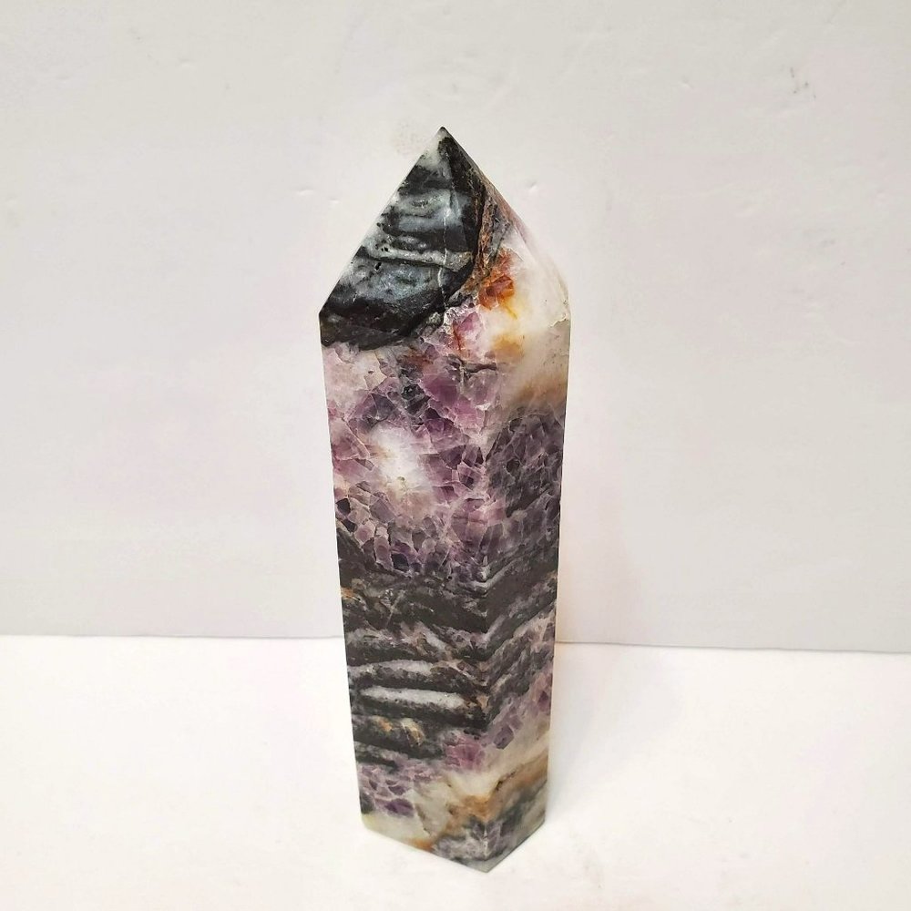 Hand Crafted Crystal Obelisk, 7.5 inches, Amethyst or Purple Fluorite, Hexagonal